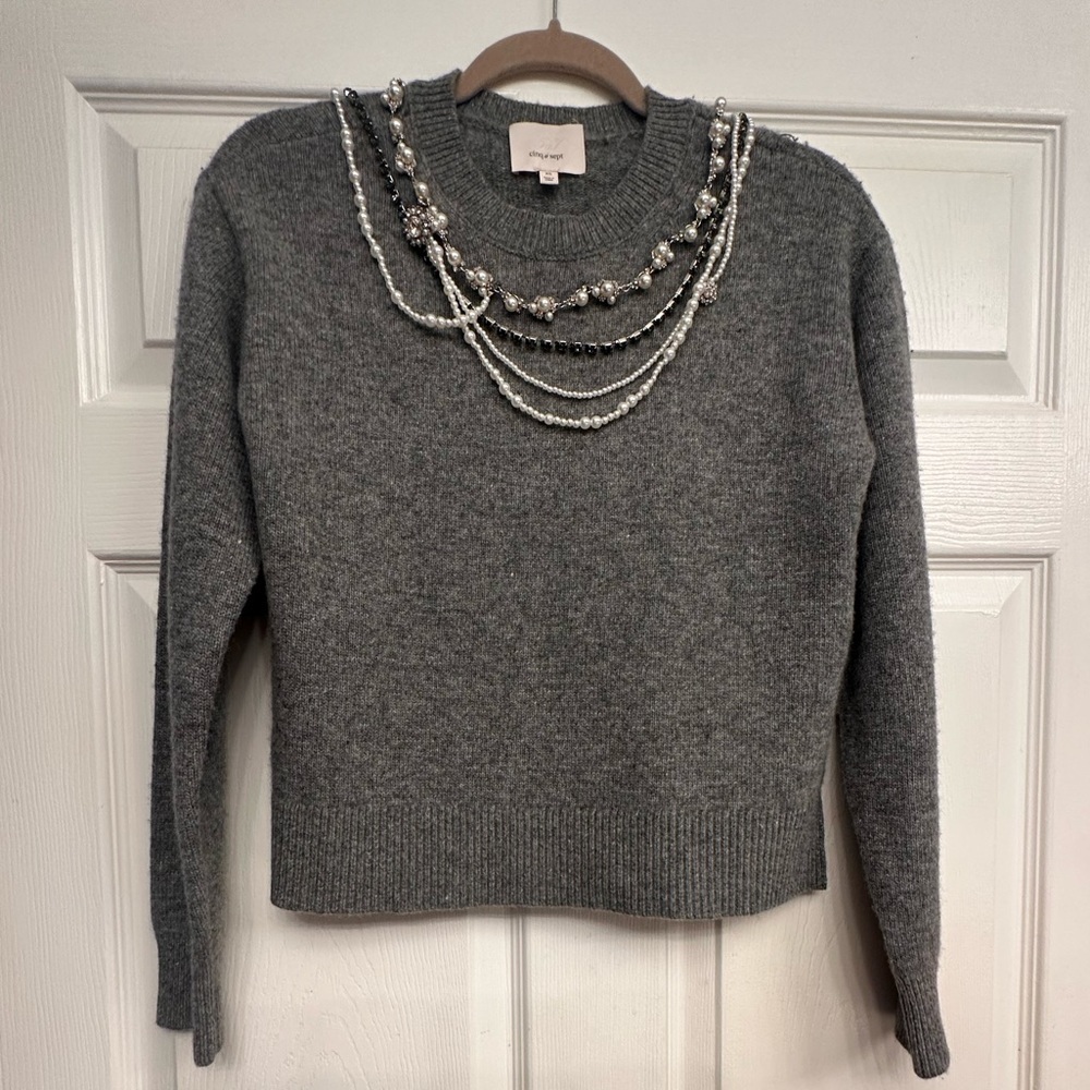 CINQ À SEPT Lilliana Necklace Detail Wool Blend Pullover Sweater in Grey - Picture 3 of 7